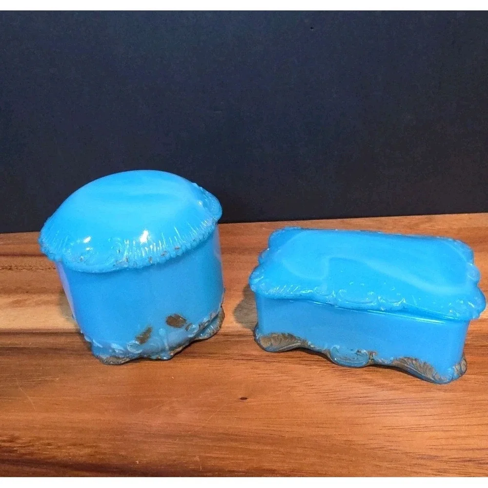 2 Antique blue slag milk glass EAPG Raised Edge Aqua Jewlery Trinket Boxes